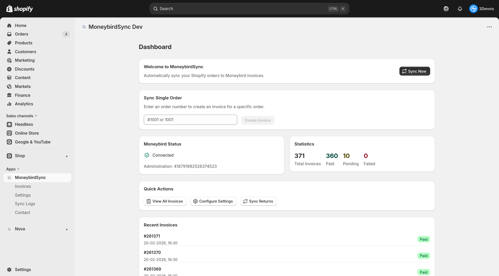 MoneybirdSync Dashboard – Shopify bestellingen automatisch als factuur in Moneybird